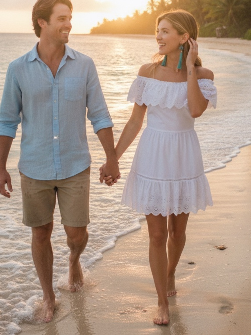 White Cotton Off-Shoulder Eyelet Dress